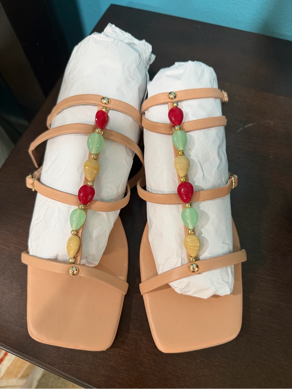Matisse Nude Beaded Strappy Sandals with Red, Green, Yellow Accents